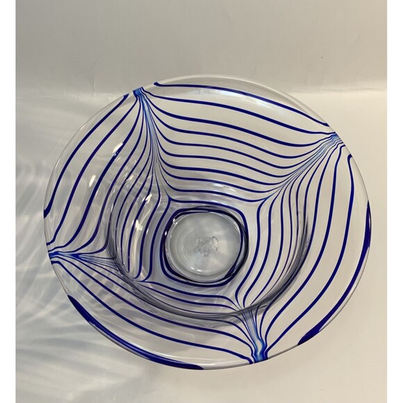 Clear Art Glass Bowl Blue Pulled Ribbon Swirls MCM Handmade Pontil Base Marked M - Picture 6 of 12